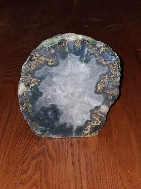 Polished Agate Geode Display Slice - Green & White Crystal